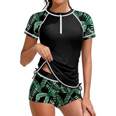 TyeSmo Girls 4th of July Swimsuit Girls Rash Guard Swimsuit Short Sleeve 2 Piece 4th of July Bathi, 트로피컬 블랙