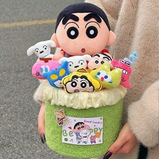 【台灣出貨】蠟筆小新玩偶花束 生日禮物 送閨蜜朋友 卡通花束 送女友創意禮物 聖誕節禮物, 1個, 【玩偶抱抱桶】蠟筆小新花束+禮袋