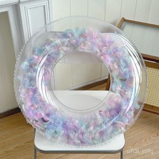 遊泳圈泳圈成人加厚腋下圈網全透明羽毛男女兒童充氣大人救生圈, 羽毛款-湖藍色【加厚防漏】,90#適合80-140斤【成人款】, 1個