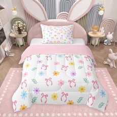 Feelyou 귀여운 활 꽃 이불 세트 트윈 사이즈 다채로운 꽃무늬 침구 세트 어린이 남아 여아 공주 나비매듭 이불 퀼트 침실 장식 극세사 2피스 베개 커버 1개 포함