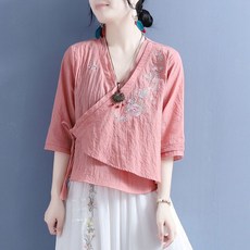 ORZQU 여성 여름 면마 자수 개량 한복 반팔 우아한 저고리 상의 생활한복