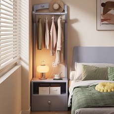 錦巢實木床頭櫃掛衣架一體臥室落地衣帽架多功能入戶收納櫃置物架, 灰色,40*35*160CM