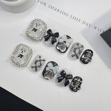 小熊聖代 純手工美甲蝴蝶結黑白小熊穿戴甲 指甲貼片 HNP038 可愛風指尖藝術, 1個, HNP-038短方圓,XS碼