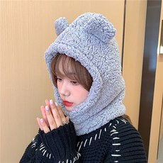 뽀글이 일체형 곰돌이 바라클라바 겨울 모자, 1개, 그레이