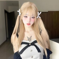 아이돌 헤어 여성 통가발 풀뱅 슬릭컷 긴생머리 은발 백금발 핑크 코랄 플래티넘 블론드 실버, 1개, 플래티넘 블론드 풀뱅 슬릭컷