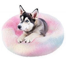 Spring Blossoms 도넛 모양의 고양이와 강아지 침대 미끄럼 방지 폭신폭신하고 기계로 세탁이 가능합니다., 1개, 레인보우 컬러