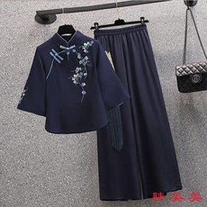 新中式大尺碼女裝套裝，古風茶藝師服裝，寬鬆顯瘦百搭褲子套裝，適合300斤胖MM, 白色上衣-單件,XL 建議60-75公斤