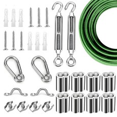글로브 스트링 라이트 서스펜션 키트 야외 도광 와이어 비닐 코팅 스테인리스 스틸 케이블 50피트 투명 PVC 및 304개 턴버클 후크 포함, 50ft, Green Rope, 1