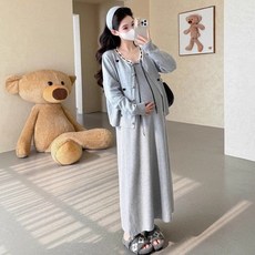 임부 롱 원피스 세트 봄 가을 임산부 빅사이즈 가디건 + 민소매 원피스 니트 투피스 세트 YXF