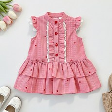 女童背心裙新款兒童裙子寶寶洋氣甜美愛心印花連衣裙小飛袖公主裙