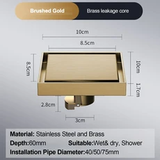 발바닥 드레인 1010cm 냄새 방지 목욕 배수 탈취 광장 DIY 블랙 샤워 필터 플러그 커버 파이프 304 스테인, 01, 01 10x10cm, 04 Gold-Brass