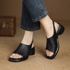 통굽 샌들 여성 여름 소프트 레더 일자 스트랩 오픈토 컴포트 통굽 샌들 4.5cm