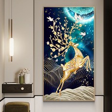 심스타 실십자수 도안 셋트 세트 황금 돈 들어오는 사슴 동물 자연, [ 실크 실] 50x75 cm 정밀도 인쇄, 1개