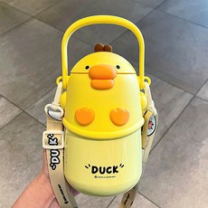 嘟嘟鴨保溫杯高顏值學生呆萌可愛水杯大容量吸嘴卡通便捷揹帶杯子, 1個, 1L, 黃色-嘟嘟鴨CH8204:610ml