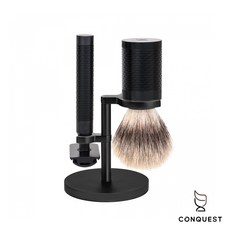 【CONQUEST】德國 MUHLE ROCCA S091M96 JET R96 刮鬍刀三件組 消光黑頂級不銹鋼材質, 1個, 1