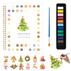 Metyond 크리스마스 수채화 워크북 - 컬러링 북 1개 12가지 색상 페인트 세트 브러시 포함 초보자 친화적인 성인 청소년을 위한 선물 (크리스마스), Metyond 크리스마스 수채화 워크북 - 컬러링 북,