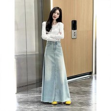 투니스 여성 하이웨이스트 A라인 롱 데님 스커트