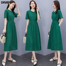 DFMEI 조순면 반팔 원피스 여 미디 루즈핏 슬림핏 체크 롱 원피스