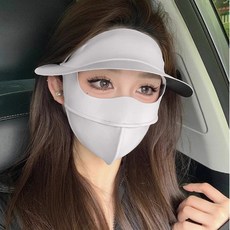 防曬麵罩，全臉遮陽護頸，冰涼感防紫外線戶外騎行太陽帽, 黑膠帽檐掛耳式【海岩灰】