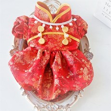 【格森】新款寵物禮服 新年唐裝 貓咪狗狗新中式拜年裝 泰迪比熊博美衣服, 紅色楊枝花裙子,XXL, 1個