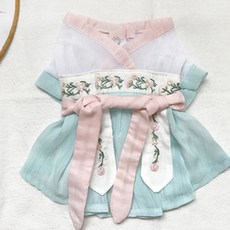 Momo Do Queen優雅的花朵刺繡寵物夏季韓服連身裙, 藍色