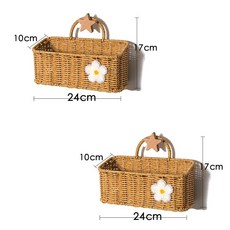 台灣現貨 帆布掛袋 廚房收納 仿藤編織壁掛籃 薑蒜收納筐 雞蛋收納盒 多功能收納裝飾, 仿藤長方斜口掛籃2只+星星掛鉤