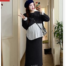 임산부 세트 캐주얼 봄 가을 임부복 라운드 맨투맨 하이웨이스트 롱 치마 상하의 투피스 CY