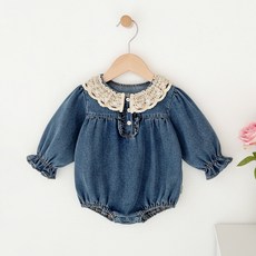 兒童甜美連體衣新款女童衣服洋氣蕾絲拼接牛仔哈衣女寶寶長袖爬服