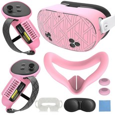 메타 퀘스트 3S와 호환되는 7 in 1 실리콘 커버 세트 오큘러스메타 3S 스킨 및 랩용 VR 액세서리 컨트롤러 그립 페이스 렌즈 보호 커버허니콤-블랙 포함, for Quest 3s, Stripe-Pink