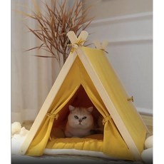 강아지 하우스 반려동물 실외 애완동물 집 고양이 침대 텐트 소형 쿠션형 세척 가능 간편 조립 목재 귀여운 세련된 60 x 55 63cm 23 6 21 7 24 8인치, 노란색