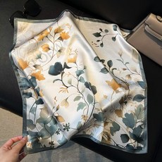 春夏款真絲發帶女真絲小方巾飄帶53cm時尚綁頭髮桑蠶絲絲巾頭巾, 1個, 墨染花枝