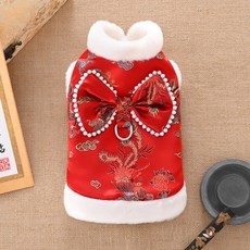 【格森】狗狗新年唐裝禮服 冬季加厚保暖寵物衣服 泰迪比熊貓咪中式漢服, 龍鳳呈祥,S（建議3-5斤）, 1個