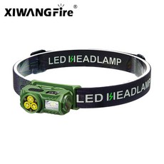 新款四眼遠射感應頭燈 多功能數顯防水高亮便攜式, 1個, 3LED-強光頭燈-綠-彩盒