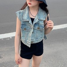로르카 14세 이상 사용 가능 아동용 여아 데님 조끼 민소매 단추 포켓 캐주얼 청조끼