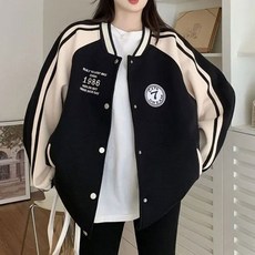 여성 루즈핏 야구점퍼 유니크 프린팅 블루종 캐쥬얼룩 캐주얼 오버핏 블랙 여성숏패딩 야구잠바