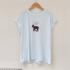 mooiwhite茉衣著日系服飾 連肩袖小馬圖案上衣 I will play插畫短袖T恤 四色可選