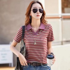 NEW 소프트 프리미엄 여성 면 스판덱스 탄력 골프 폴로 반팔 브이넥 티셔츠 줄무늬 여름티 반팔티 빅사이즈