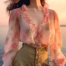 여성 긴팔 시폰 셔츠 브이넥 프릴 플라워 셔츠 프릴블라우스