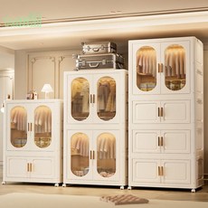 免安裝折疊式雙開門收納櫃 家用臥室兒童衣櫃 寶寶玩具衣服儲物櫃子 抽屜櫃 置物櫃 雜物櫃 儲藏櫃 層櫃 成人衣櫥, 80面寬透明茶【1層掛衣+2層折疊櫃】,食品級材質