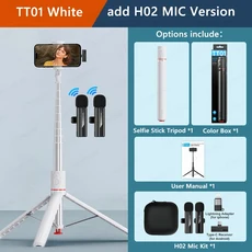 자동 팝업 삼각대 휴대용 70인치 올인원 셀카봉 iPhone Android용 Bluetooth 원격 기능이 있는 접이식 휴대폰 홀더, add H02 Mic - White /