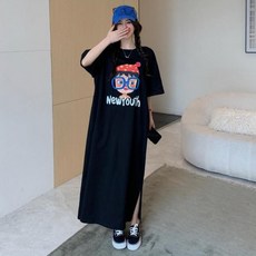 귀여운 그림 프린팅 편안한 라운드넥 루즈핏 롱원피스