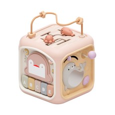 JoyBaby 益智六面體玩具：音樂燈光手拍鼓，形狀配對啟蒙感統玩具, 粉-企鵝六面盒, 1個