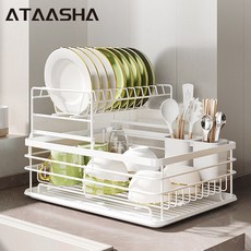 Ataasha 식기건조대 2단 주방 대용량 보강 설거지건조대, 1세트, 흰색