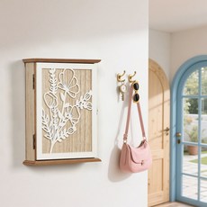 2025年木質鑰匙掛墻鑰匙收納器玄關客廳臥室裝飾壁掛畵收納盒新品, A款-花卉款鑰匙盒,20*6*26CM, 1個