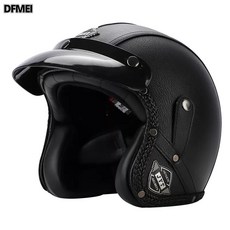 DFMEI 新國標3C復古3/4半盔電動摩托車夏踏板巡航機車皮盔男女, 經典黑  贈送帽檐+面巾