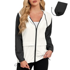 American Trends 경량 레인 재킷 여성용 후드 패커블 방수 우비 컬러블록 아노락 윈드브레이커 블랙 화이트. L102978, Large, 블랙 화이트