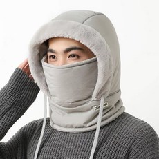 保暖加絨加厚雷鋒帽 護耳防寒麵罩圍脖一體 戶外騎行防風, 1個, 淺灰 2024新款圍脖口罩帽子連體帽 ,米 56-58cm