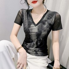 여성 라인댄스복 상의 V넥 중년 메쉬 여름