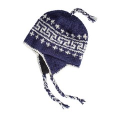 마이크로 플리스 안감과 이어 플랩이 있는 핸드 니트 셰르파 울 모자 핸드메이드 겨울 토크 크리스마스 비니 네팔산 네이비 블루 및 화이트