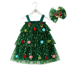 HAOZEYUE 女童聖誕樹造型裙 節慶派對服裝 可愛星星網紗蓬蓬裙